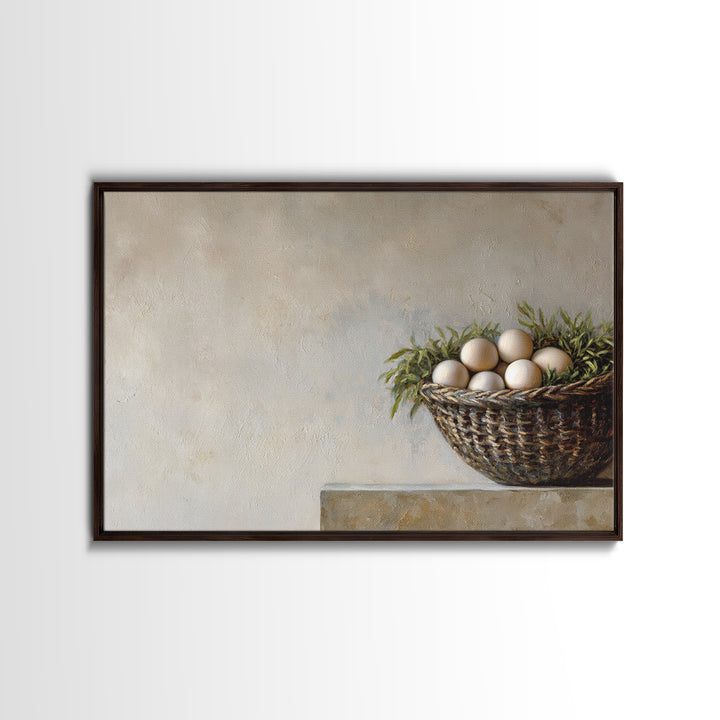 Fresh Eggs in a Woven Basket with Canvas Print, Bed and Breakfast Art, Coffee Art, Living Room Decor, Watercolor Art, BAB-3x2-58