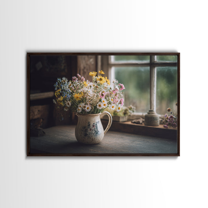 Country Wildflowers in a Chipped Ceramic Pitcher Canvas Print, Bed and Breakfast Art, Room Decor, Living Room Decor, BAB-3x2-77