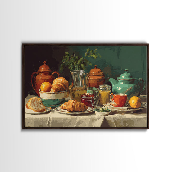 Fresh Croissants and Jam on a Linen Framed Canvas Print, Bed and Breakfast Art, Folk Art, Living Room Decor, Abstract Art, BAB-3x2-78