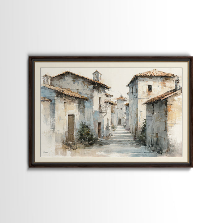 Soft Watercolor Village Street at Dawn Framed Canvas Print, Bed and Breakfast Art, Fine Art Print, Living Room Decor, Fine Art, BAB-3x2-81