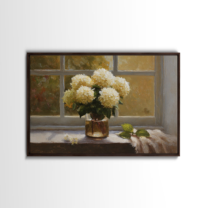 Sunlit Hydrangeas on a Windowsill Framed Canvas Print, Bed and Breakfast Art, Trendy Wall Art, Living Room Decor, Fine Art, BAB-3x2-86