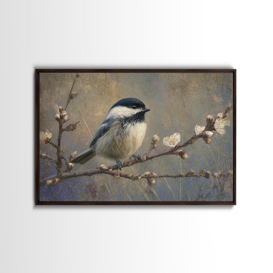 Small Bird on a Flowering Branch Framed Canvas Print, Bed and Breakfast Art, Farmhouse Wall Art, Living Room Decor, Fine Art, BAB-3x2-90