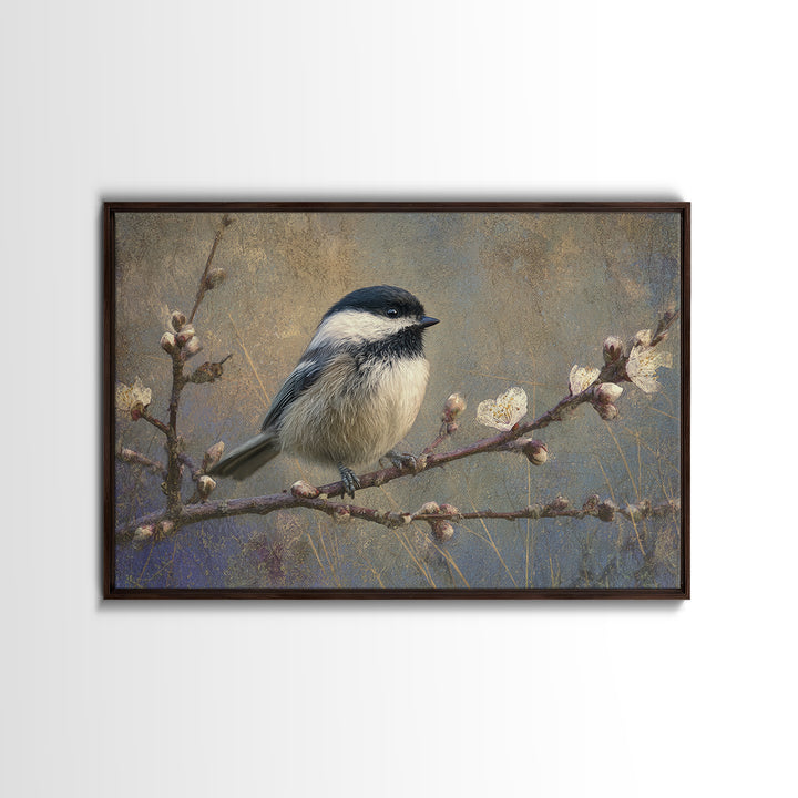 Small Bird on a Flowering Branch Framed Canvas Print, Bed and Breakfast Art, Farmhouse Wall Art, Living Room Decor, Fine Art, BAB-3x2-90
