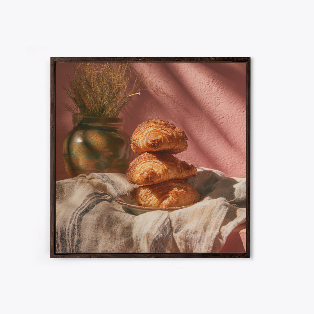 Buttery Croissants Stacked on Striped Linen Framed Canvas Print, Bakery Art, Modern Decor, Bakery Decor, Abstract Art, BAK-1x1-1