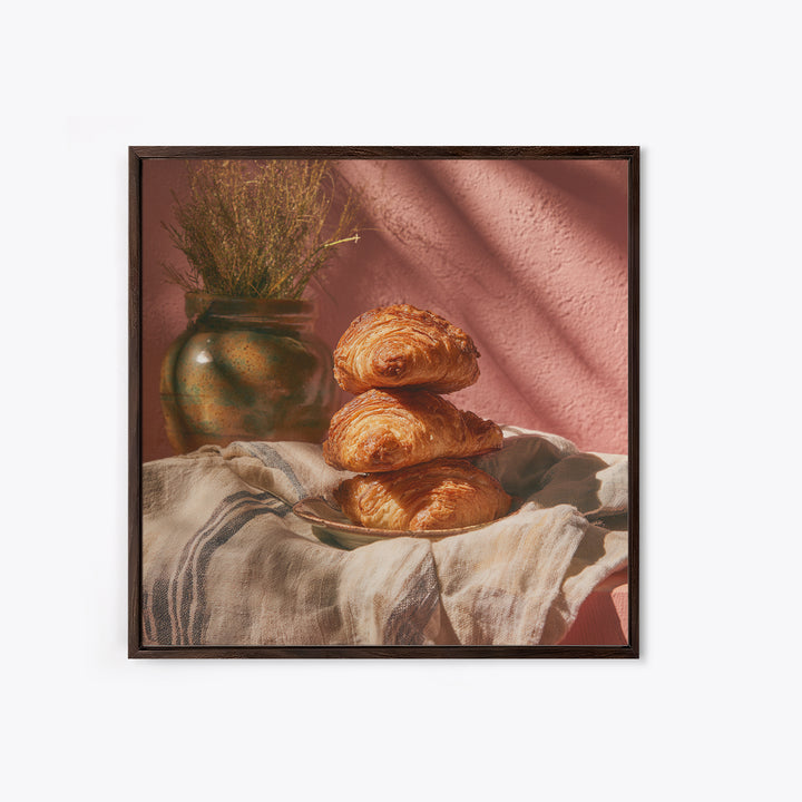 Buttery Croissants Stacked on Striped Linen Framed Canvas Print, Bakery Art, Modern Decor, Bakery Decor, Abstract Art, BAK-1x1-1