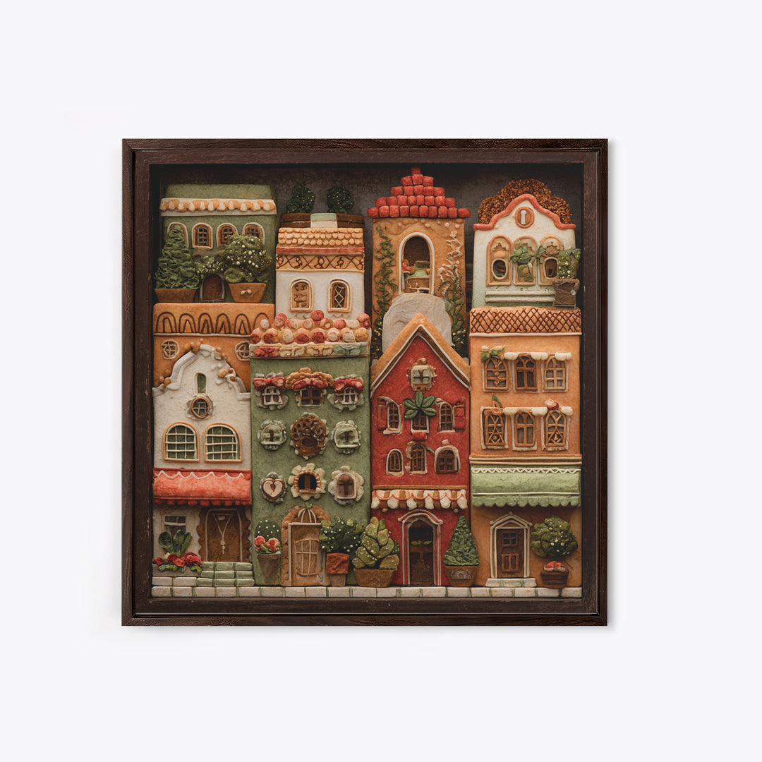 Gingerbread Houses in Charming Folk Art Style Canvas Print, Bakery Art, Whimsical Wall Art, Bakery Decor, Fine Art, Patisserie, BAK-1x1-14