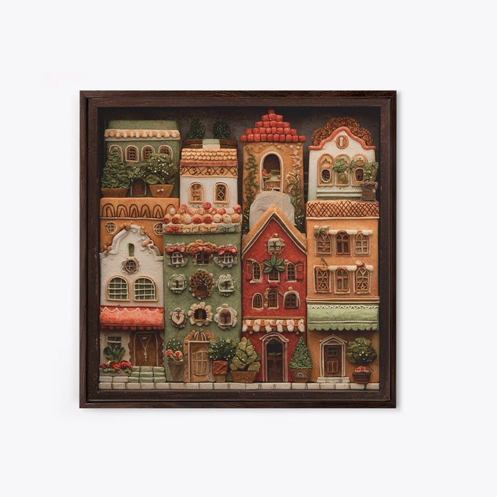 Gingerbread Houses in Charming Folk Art Style Canvas Print, Bakery Art, Whimsical Wall Art, Bakery Decor, Fine Art, Patisserie, BAK-1x1-14