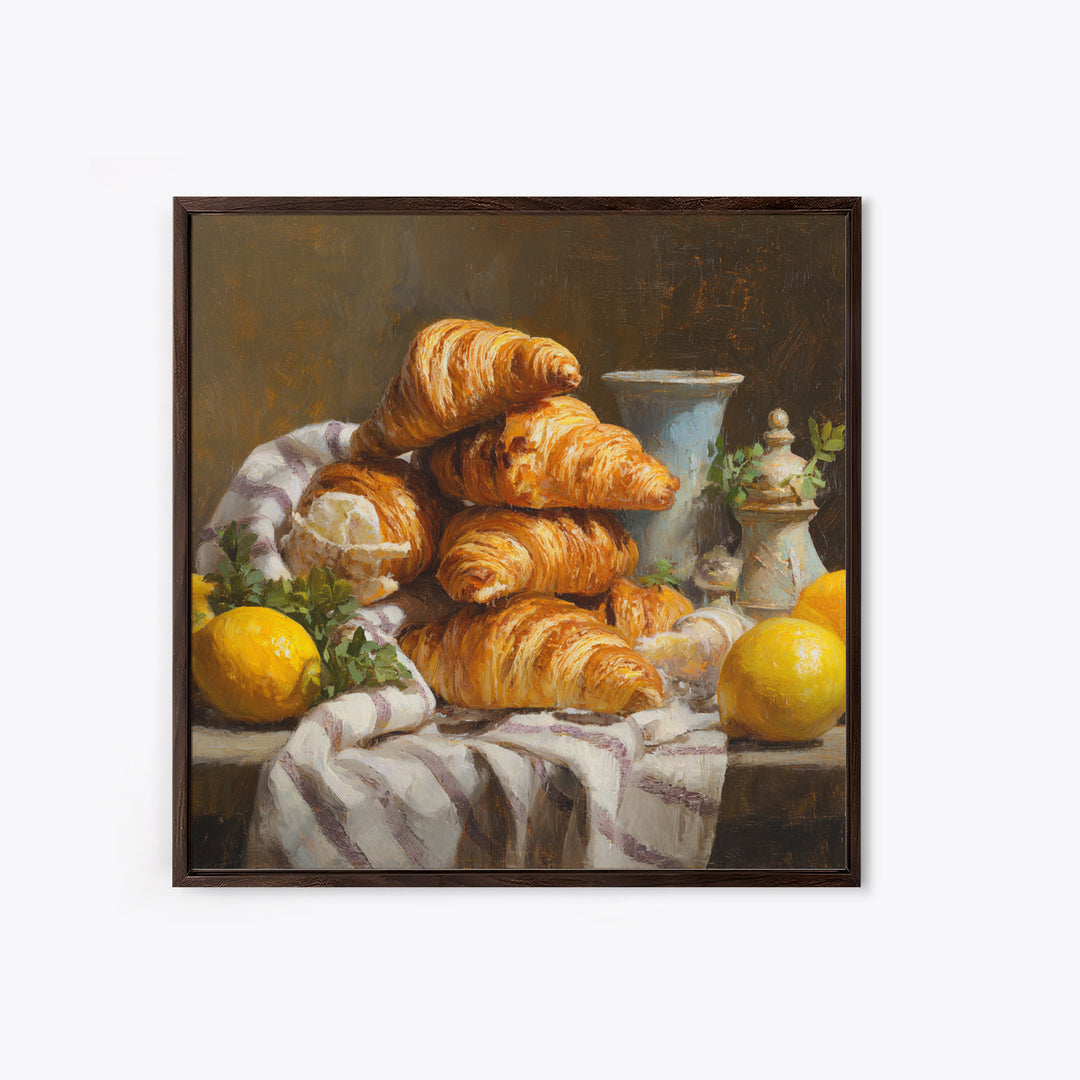 Buttery Croissants Stacked on Striped Linen Canvas Print, Bakery Art, Room Decor, Bakery Decor, Abstract Art, Patisserie, BAK-1x1-25