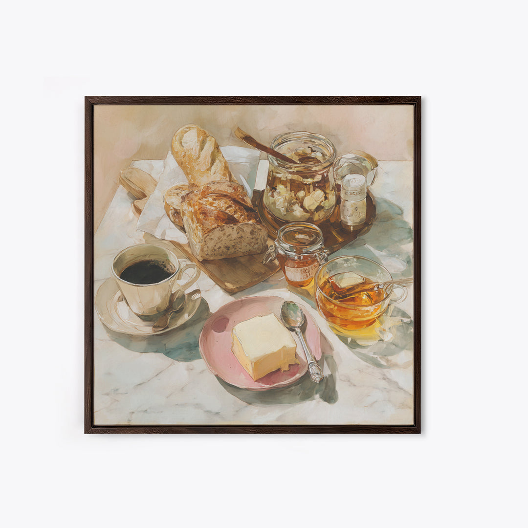 Baguette and Butter Still Life on Marble Framed Canvas Print, Bakery Art, Gallery Decor, Bakery Decor, Fine Art, Patisserie, BAK-1x1-32