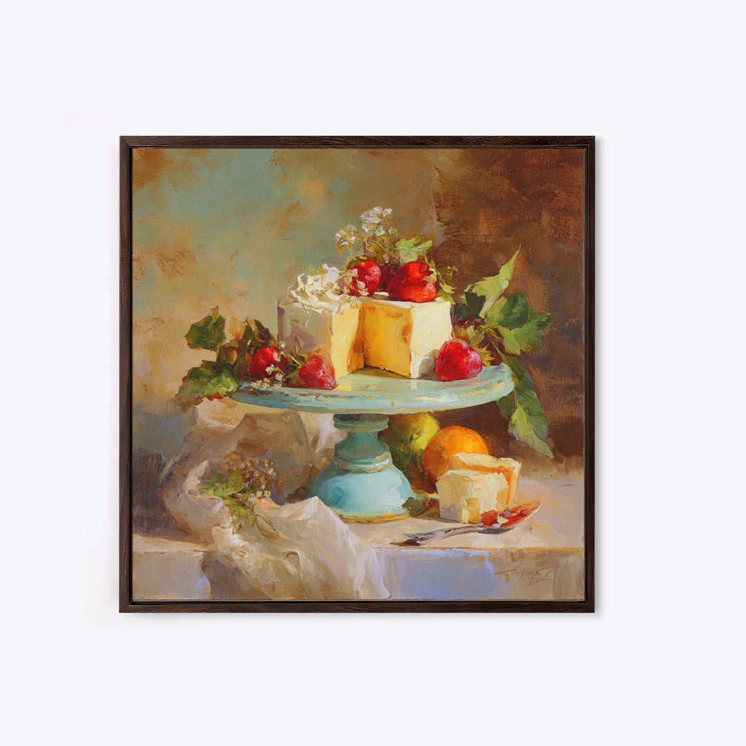 Pastel Cake Stand Framed Canvas Print, Bakery Art, Boho Decor, Bakery Decor, Oil Painting, Patisserie, Printable Wall Art, BAK-1x1-37