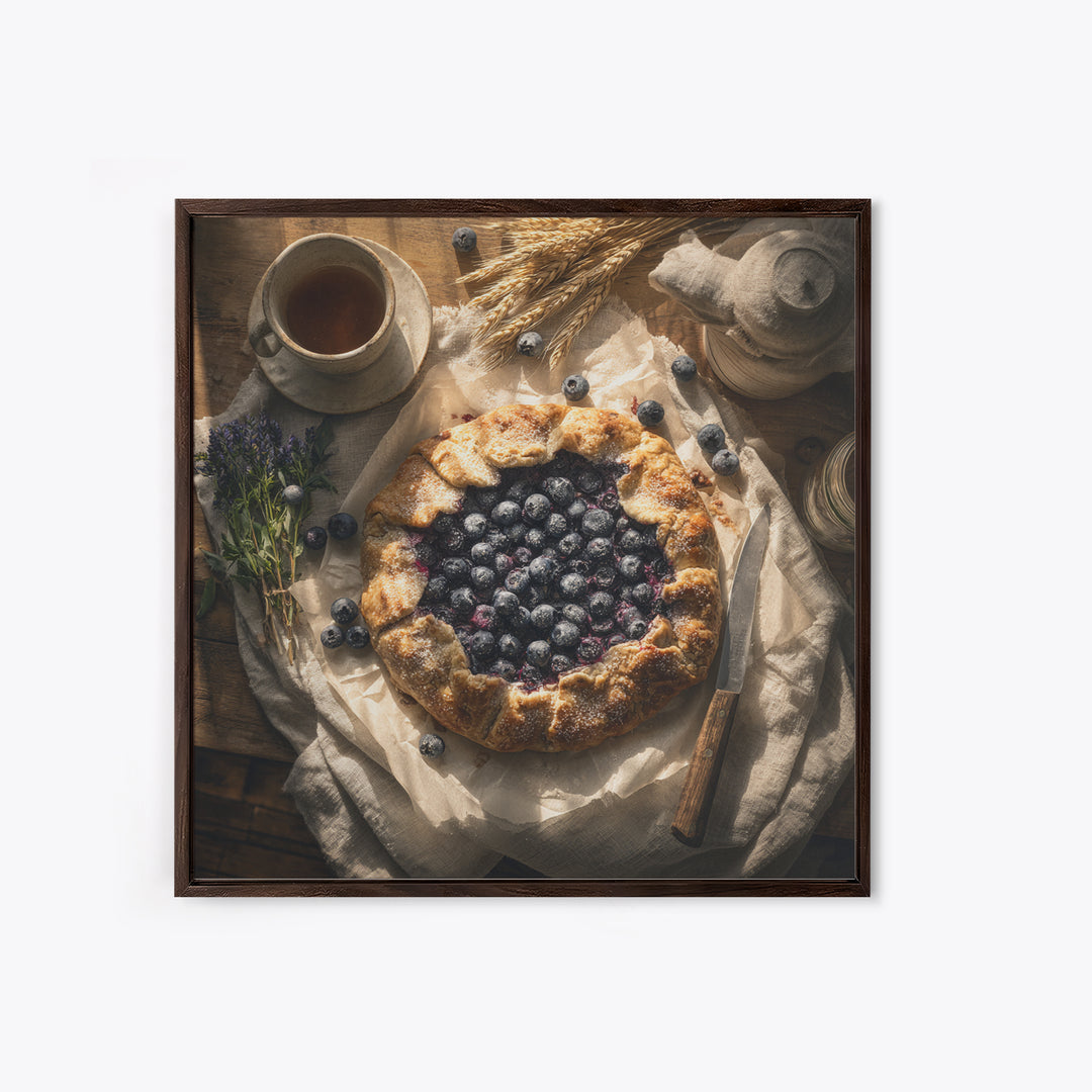 Blueberry Galette with Rustic Farmhouse Texture Framed Canvas Print, Bakery Art, Kitchen Print, Bakery Decor, Patisserie, BAK-1x1-47