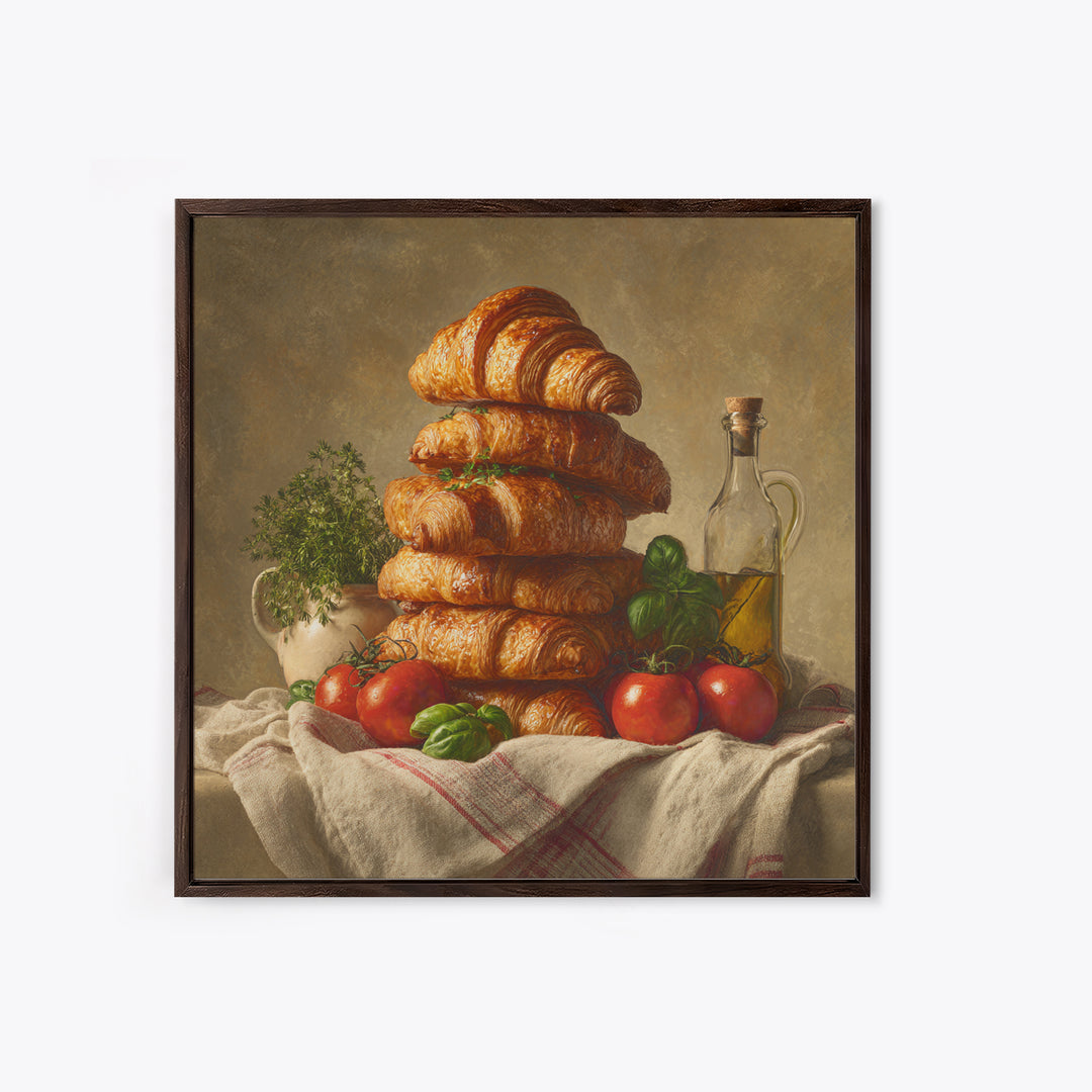 Buttery Croissants Stacked on Striped Linen Canvas Print, Bakery Art, Room Decor, Bakery Decor, Abstract Art, Patisserie, BAK-1x1-49