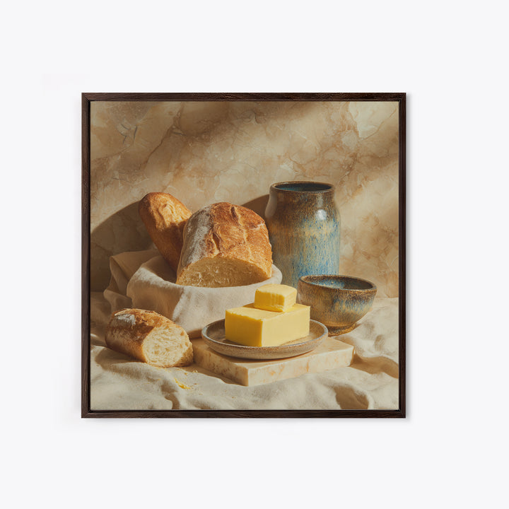 Baguette and Butter Still Life on Marble Framed Canvas Print, Bakery Art, Watercolor Painting, Bakery Decor, Patisserie, BAK-1x1-56