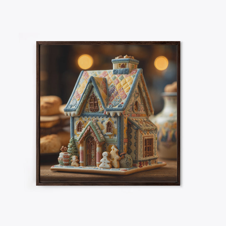 Gingerbread Houses in Charming Folk Art Style Framed Canvas Print, Bakery Art, Gallery Decor, Bakery Decor, Patisserie, BAK-1x1-62