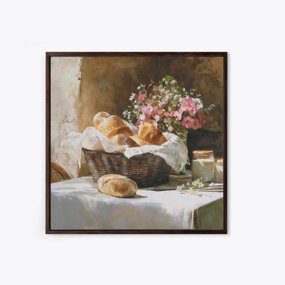 French Market Basket Filled Framed Canvas Print, Bakery Art, French Wall Art, Bakery Decor, Fine Art, Patisserie, Room Decor, BAK-1x1-66