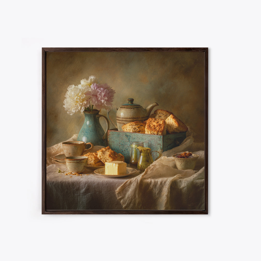 Tea and Scone Arrangement Framed Canvas Print, Bakery Art, Neutral Wall Art, Bakery Decor, Patisserie, Statement Artwork, BAK-1x1-68