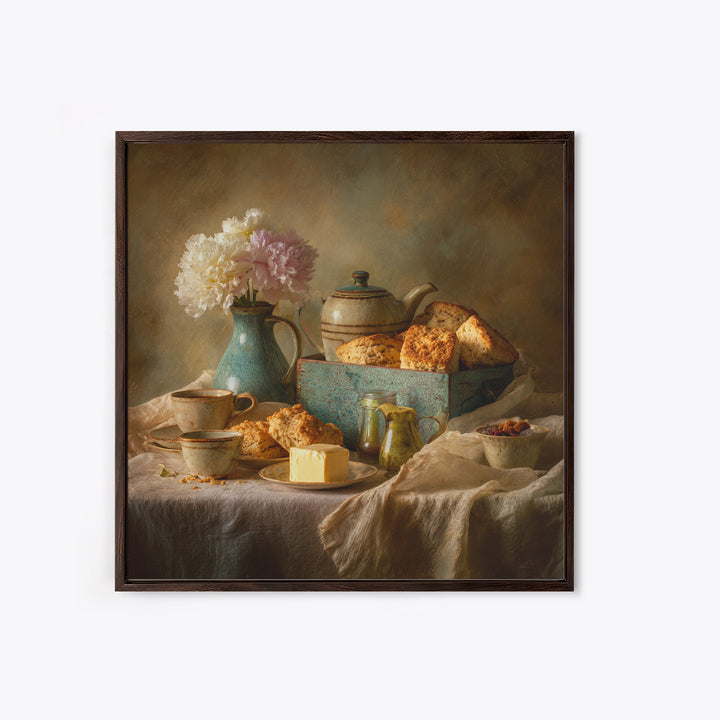 Tea and Scone Arrangement Framed Canvas Print, Bakery Art, Neutral Wall Art, Bakery Decor, Patisserie, Statement Artwork, BAK-1x1-68