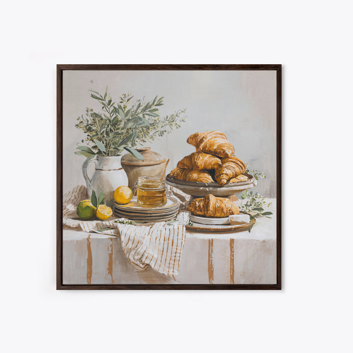 Buttery Croissants Stacked on Striped Linen Framed Canvas Print, Bakery Art, Home Decor, Bakery Decor, Abstract Art, Patisserie, BAK-1x1-73