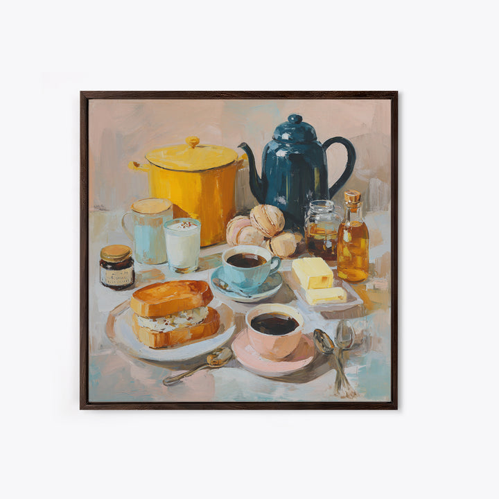 Painterly Eclair and Coffee Still Life Framed Canvas Print, Bakery Art, French Wall Art, Bakery Decor, Abstract Art, Patisserie, BAK-1x1-84