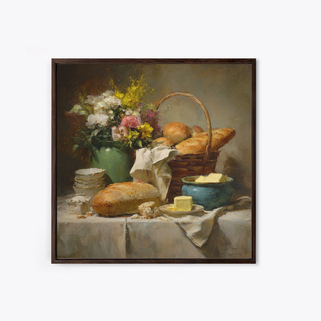 French Market Basket Filled Canvas Print, Bakery Art, Neutral Decor, Bakery Decor, Oil Painting, Patisserie, Home Decor, BAK-1x1-90