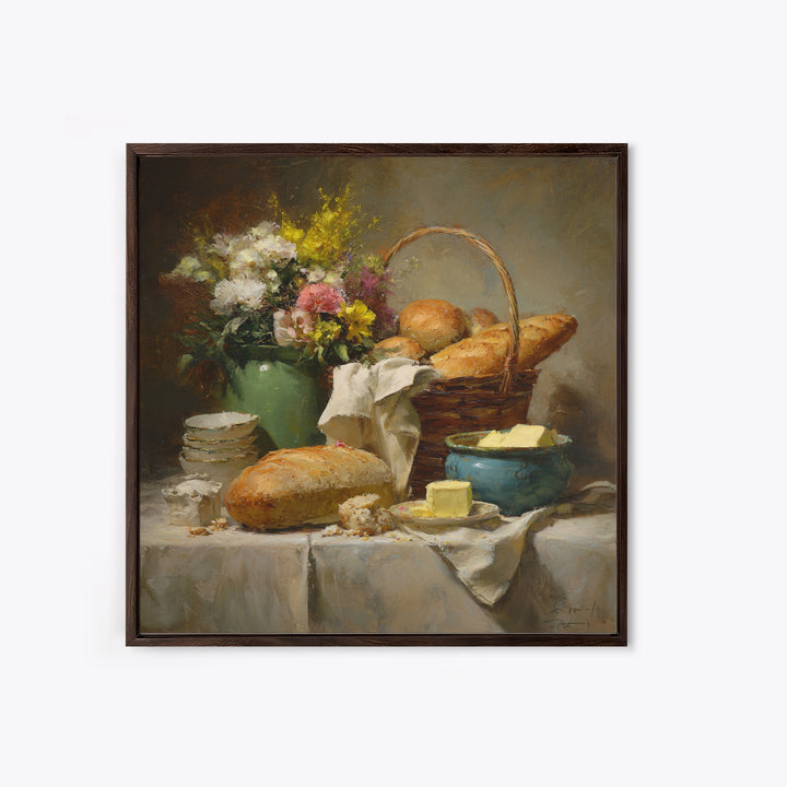 French Market Basket Filled Canvas Print, Bakery Art, Neutral Decor, Bakery Decor, Oil Painting, Patisserie, Home Decor, BAK-1x1-90