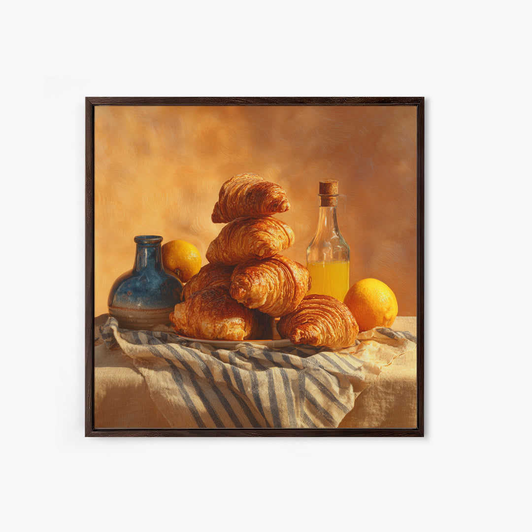 Buttery Croissants Stacked on Striped Linen Canvas Print, Bakery Art, Kitchen Wall Art, Bakery Decor, Fine Art, Patisserie, BAK-1x1-97