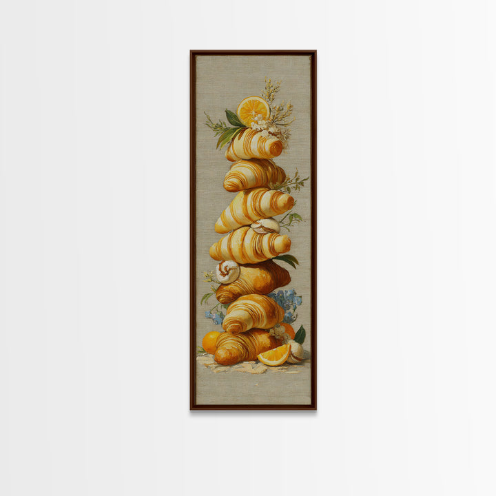 Buttery Croissants Stacked on Striped Linen Canvas Print, Bakery Art, Minimalist Decor, Bakery Decor, Fine Art, Patisserie, BAK-1x3-13