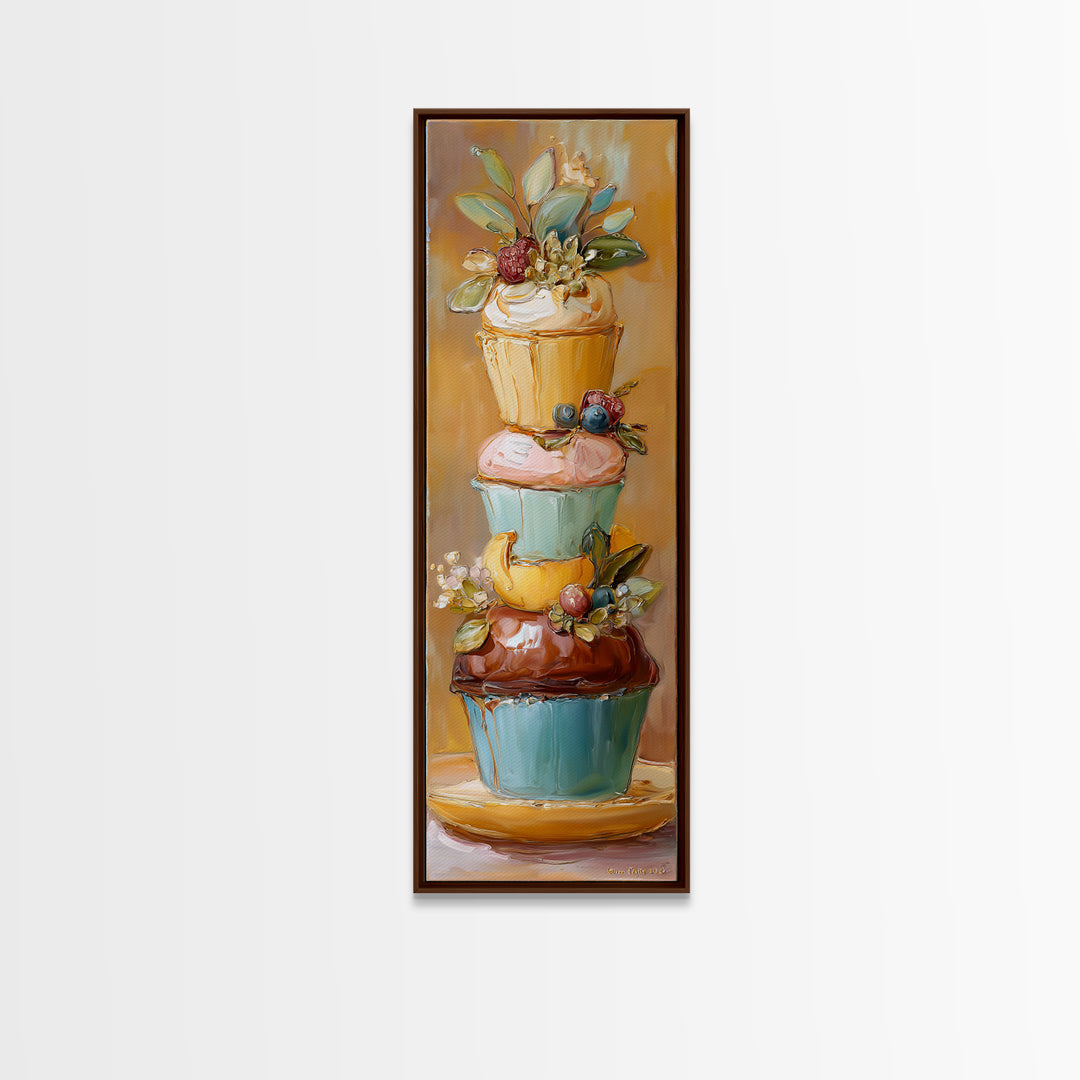 Cupcake Bouquet Painted Framed Canvas Print, Bakery Art, Kitchen Wall Decor, Bakery Decor, Patisserie, Whimsical Wall Art, BAK-1x3-19