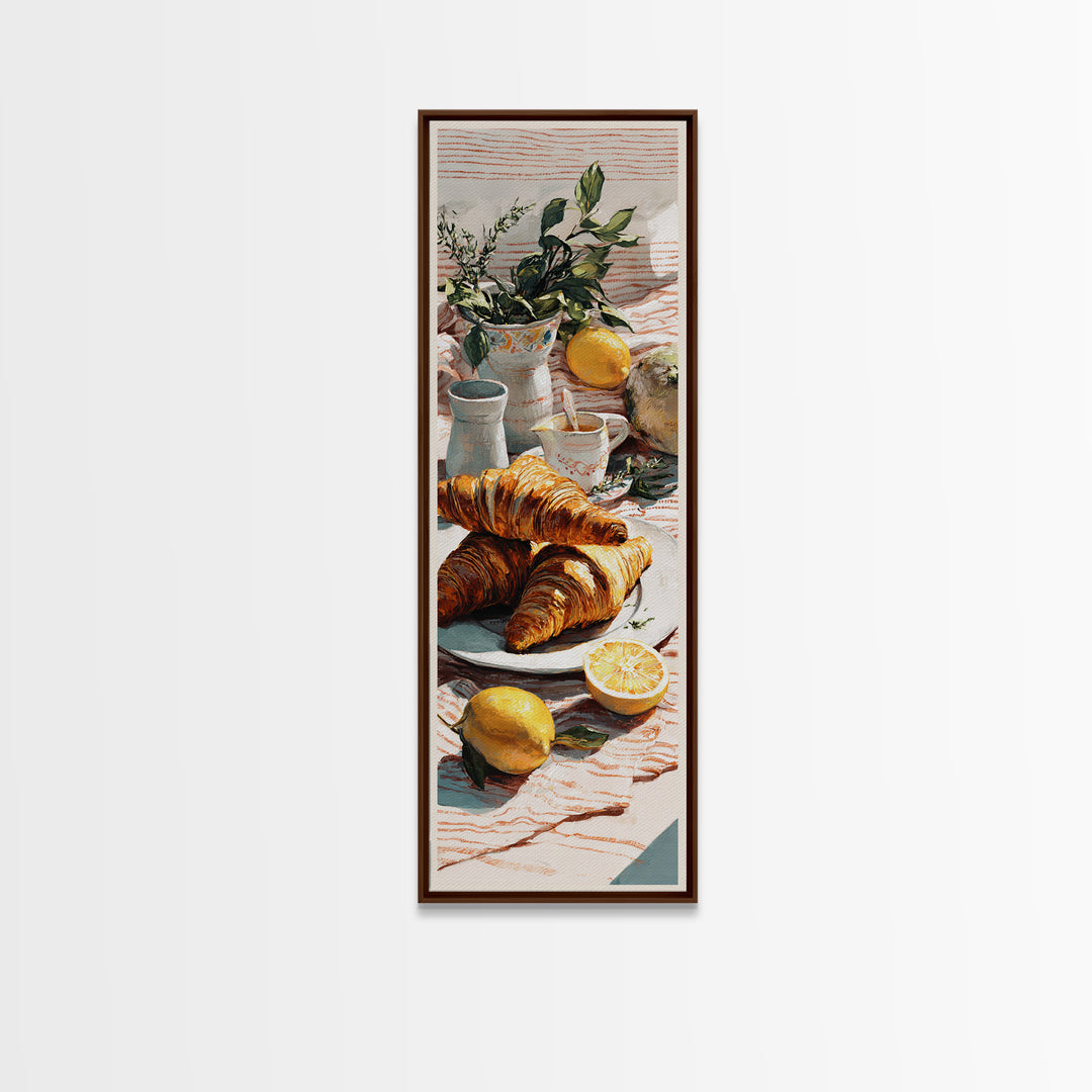 Buttery Croissants Stacked on Striped Linen Framed Canvas Print, Bakery Art, Art Print, Bakery Decor, Abstract Art, Patisserie, BAK-1x3-61