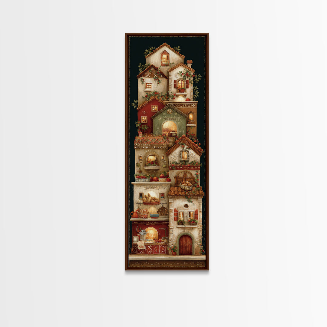 Gingerbread Houses in Charming Folk Art Style Framed Canvas Print, Bakery Art, Fine Art Print, Bakery Decor, Patisserie, BAK-1x3-74