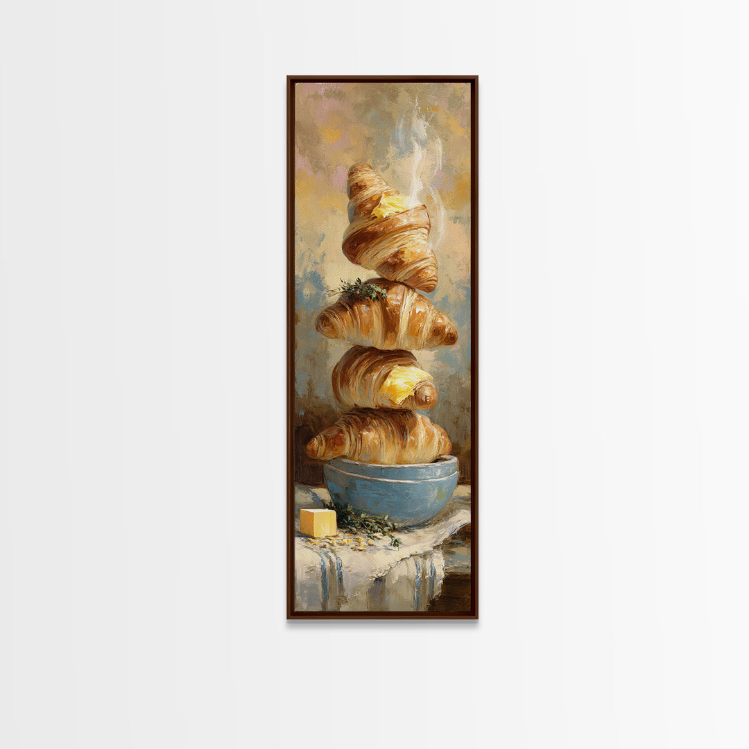 Buttery Croissants Stacked on Striped Linen Canvas Print, Bakery Art, Kitchen Art, Bakery Decor, Abstract Art, Patisserie, BAK-1x3-85