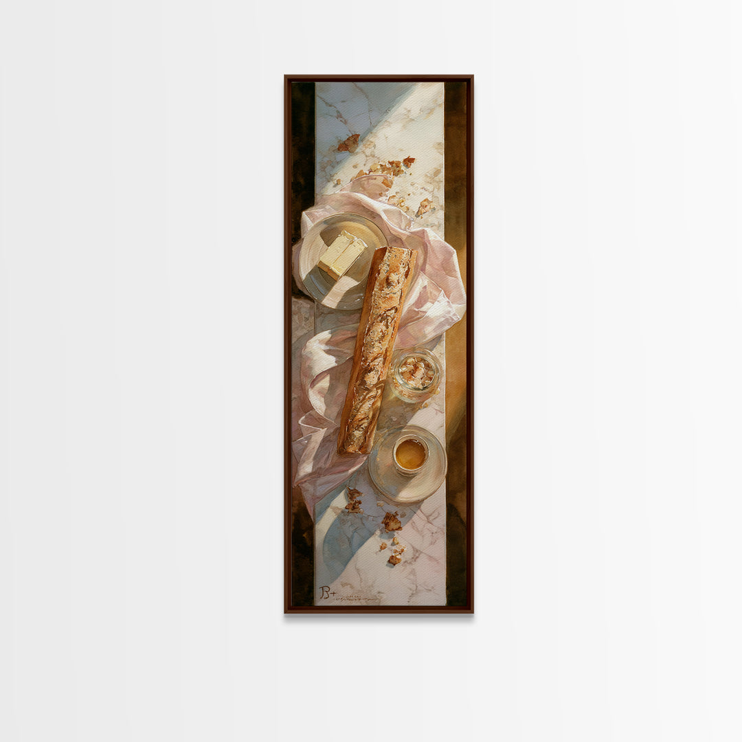 Baguette and Butter Still Life on Marble Framed Canvas Print, Bakery Art, Whimsical Wall Art, Bakery Decor, Patisserie, BAK-1x3-92