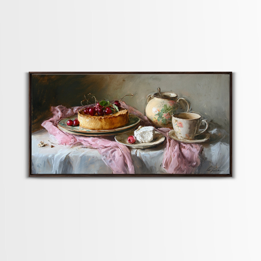 Cherry Tart Still Life Framed Canvas Print, Bakery Art, Digital Print, Bakery Decor, Fine Art, Patisserie, Kitchen Art Print, BAK-2x1-1
