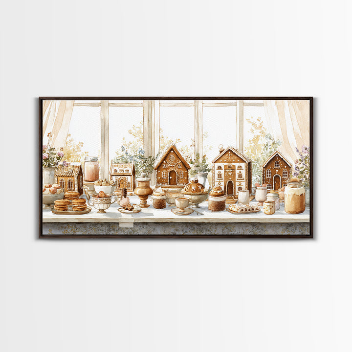 Gingerbread Houses in Charming Folk Art Style Framed Canvas Print, Bakery Art, Contemporary Art, Bakery Decor, Patisserie, BAK-2x1-10
