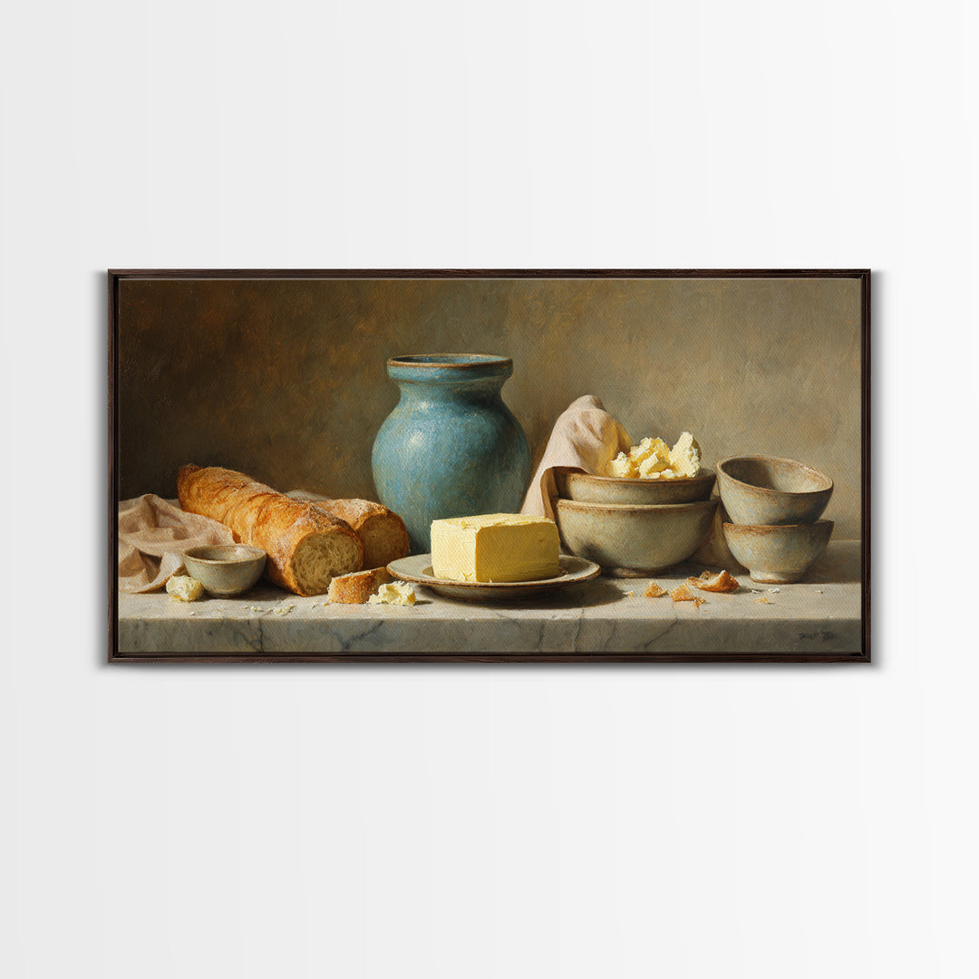 Baguette and Butter Still Life on Marble Framed Canvas Print, Bakery Art, Neutral Wall Art, Bakery Decor, Fine Art, Patisserie, BAK-2x1-100