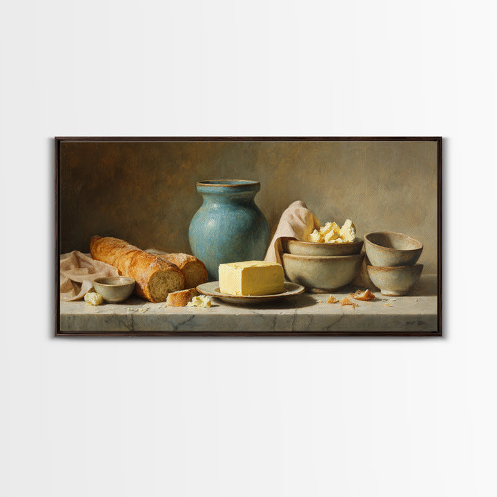 Baguette and Butter Still Life on Marble Framed Canvas Print, Bakery Art, Neutral Wall Art, Bakery Decor, Fine Art, Patisserie, BAK-2x1-100