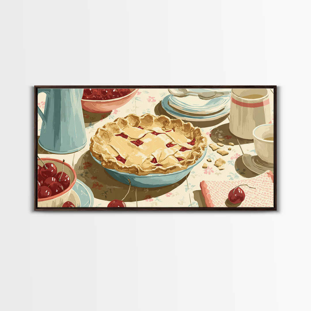 Retro Diner Pie Illustration Framed Canvas Print, Bakery Art, Room Decor, Bakery Decor, Fine Art, Patisserie, Digital Print, BAK-2x1-12