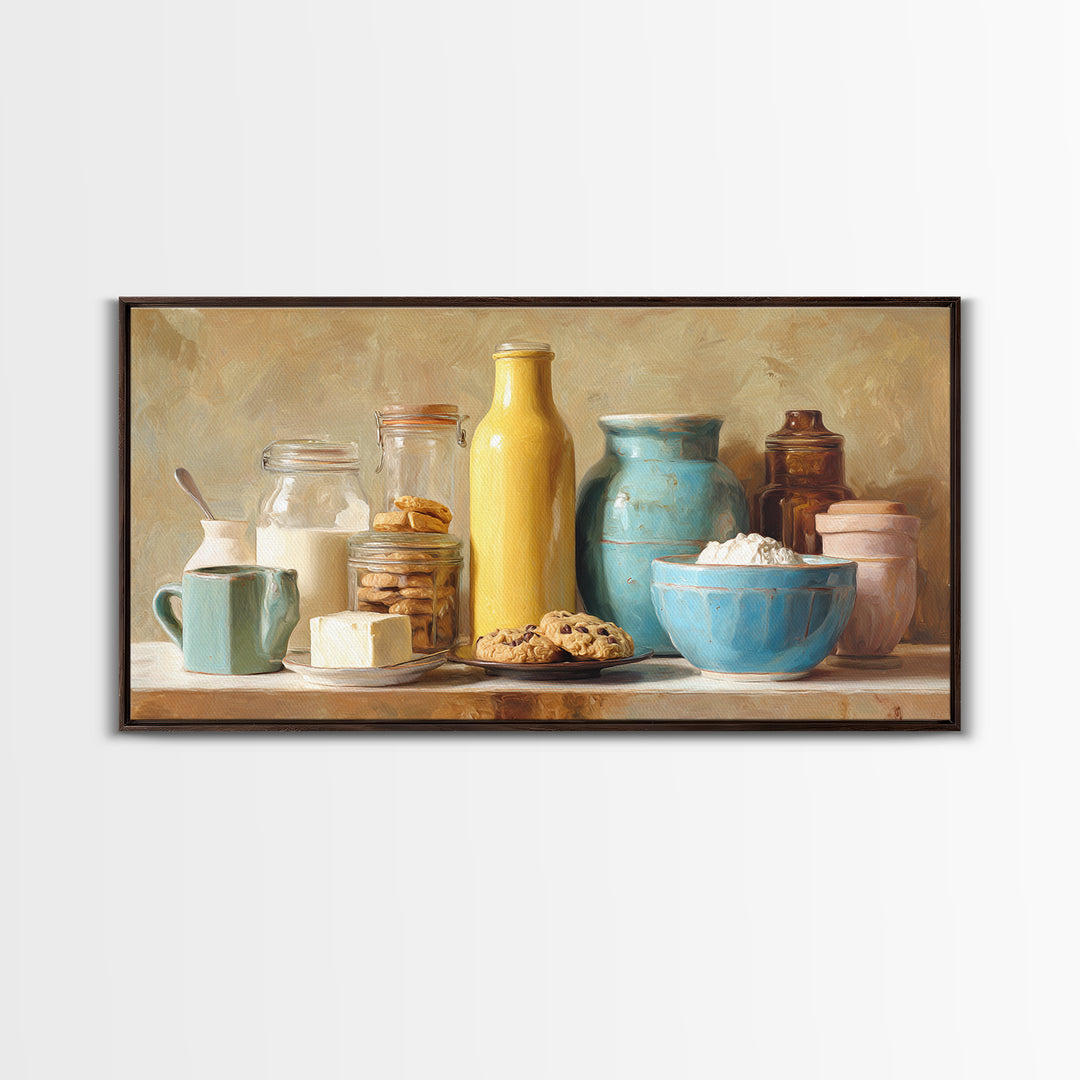 Milk Bottle and Cookies Nostalgic Still Life Framed Canvas Print, Bakery Art, Room Decor, Bakery Decor, Fine Art, Patisserie, BAK-2x1-18