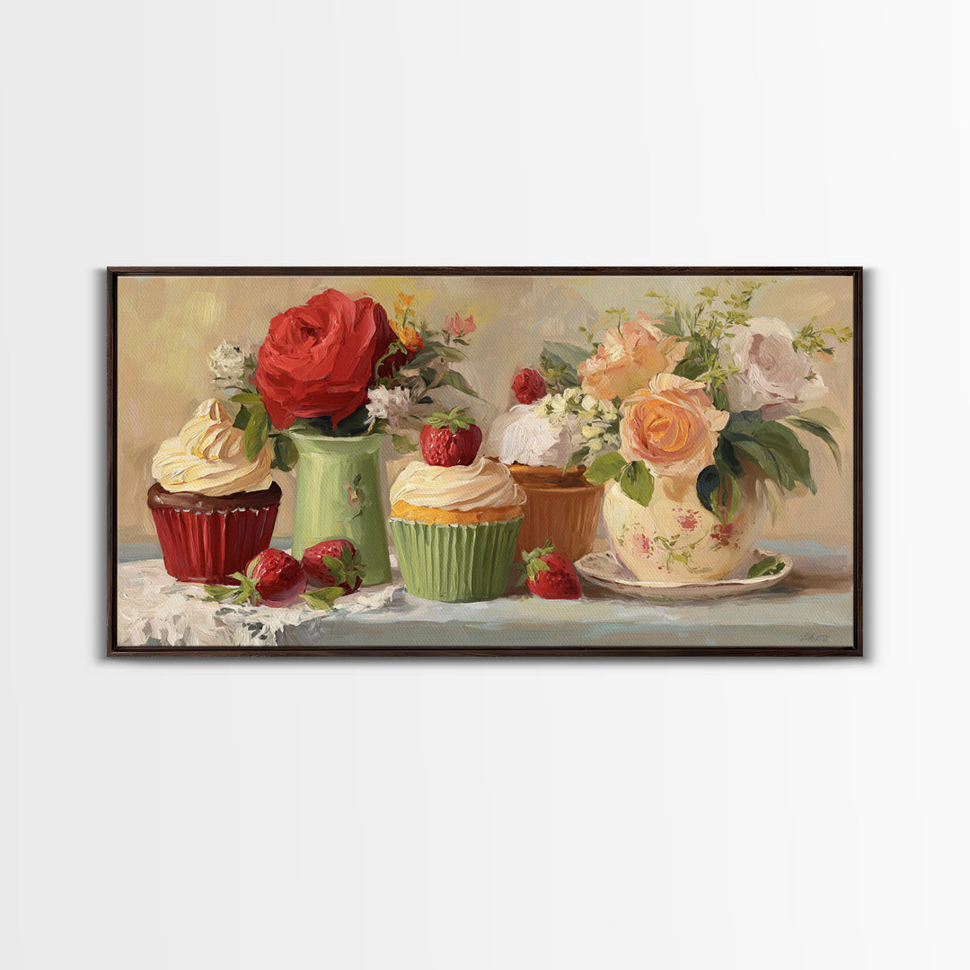 Cupcake Bouquet Painted Framed Canvas Print, Bakery Art, Boho Decor, Bakery Decor, Oil Painting, Patisserie, Printable Wall Art, BAK-2x1-27