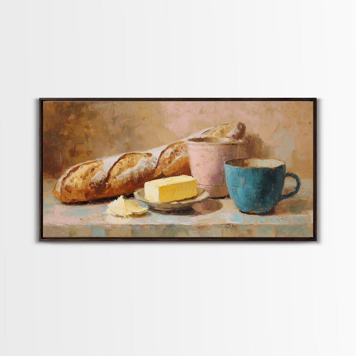 Baguette and Butter Still Life on Marble Framed Canvas Print, Bakery Art, Contemporary Art, Bakery Decor, Fine Art, Patisserie, BAK-2x1-28