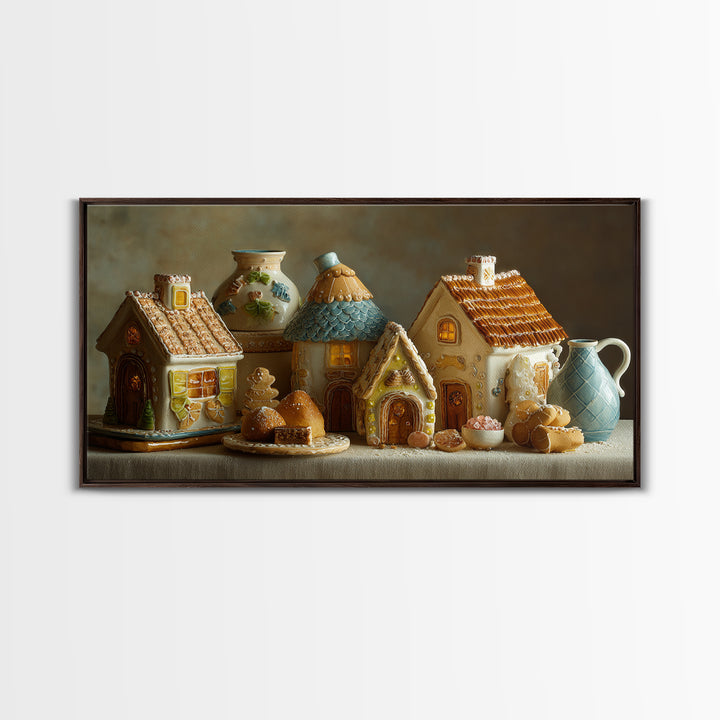 Gingerbread Houses in Charming Folk Art Style Framed Canvas Print, Bakery Art, Contemporary Art, Bakery Decor, Patisserie, BAK-2x1-34