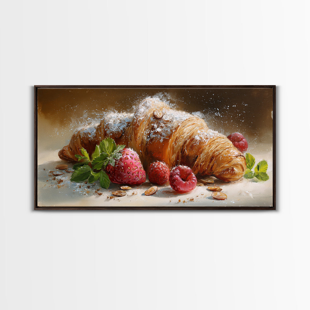 Almond Croissant Closeup Framed Canvas Print, Bakery Art, Wall Art, Bakery Decor, Oil Painting, Patisserie, Kitchen Wall Decor, BAK-2x1-35
