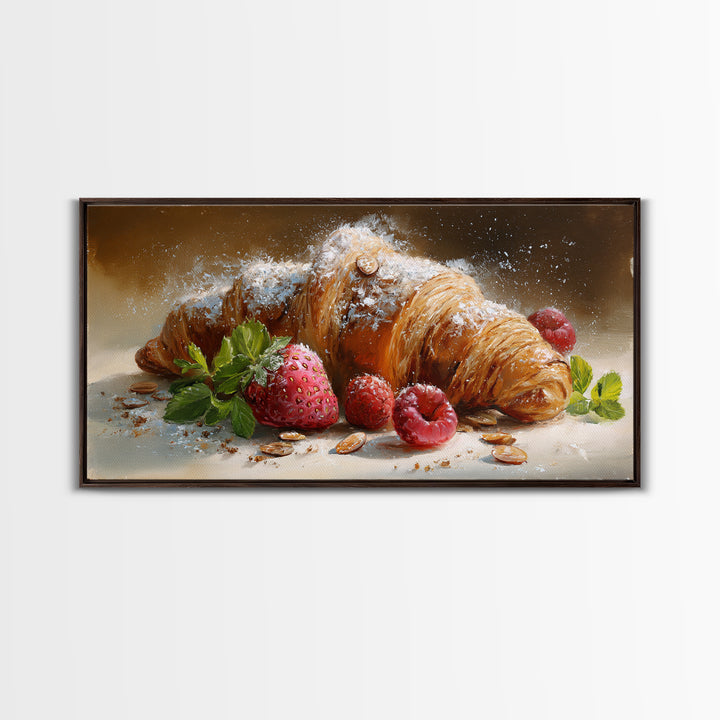 Almond Croissant Closeup Framed Canvas Print, Bakery Art, Wall Art, Bakery Decor, Oil Painting, Patisserie, Kitchen Wall Decor, BAK-2x1-35