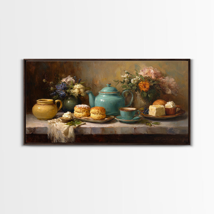 Tea and Scone Arrangement Framed Canvas Print, Bakery Art, Wall Decor, Bakery Decor, Fine Art, Patisserie, Kitchen Prints, BAK-2x1-40
