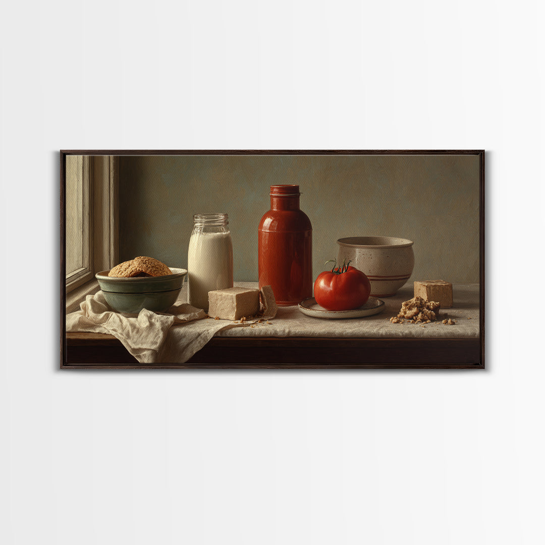 Milk Bottle and Cookies Nostalgic Still Life Framed Canvas Print, Bakery Art, Room Decor, Bakery Decor, Fine Art, Patisserie, BAK-2x1-42