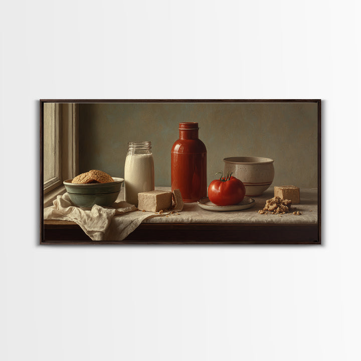 Milk Bottle and Cookies Nostalgic Still Life Framed Canvas Print, Bakery Art, Room Decor, Bakery Decor, Fine Art, Patisserie, BAK-2x1-42