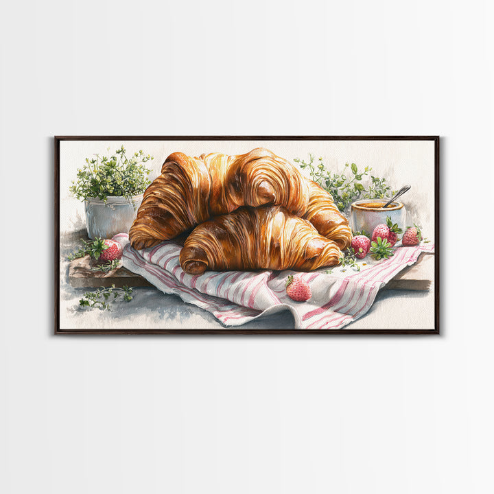 Buttery Croissants Stacked on Striped Linen Framed Canvas Print, Bakery Art, Kitchen Wall Decor, Bakery Decor, Patisserie, BAK-2x1-45