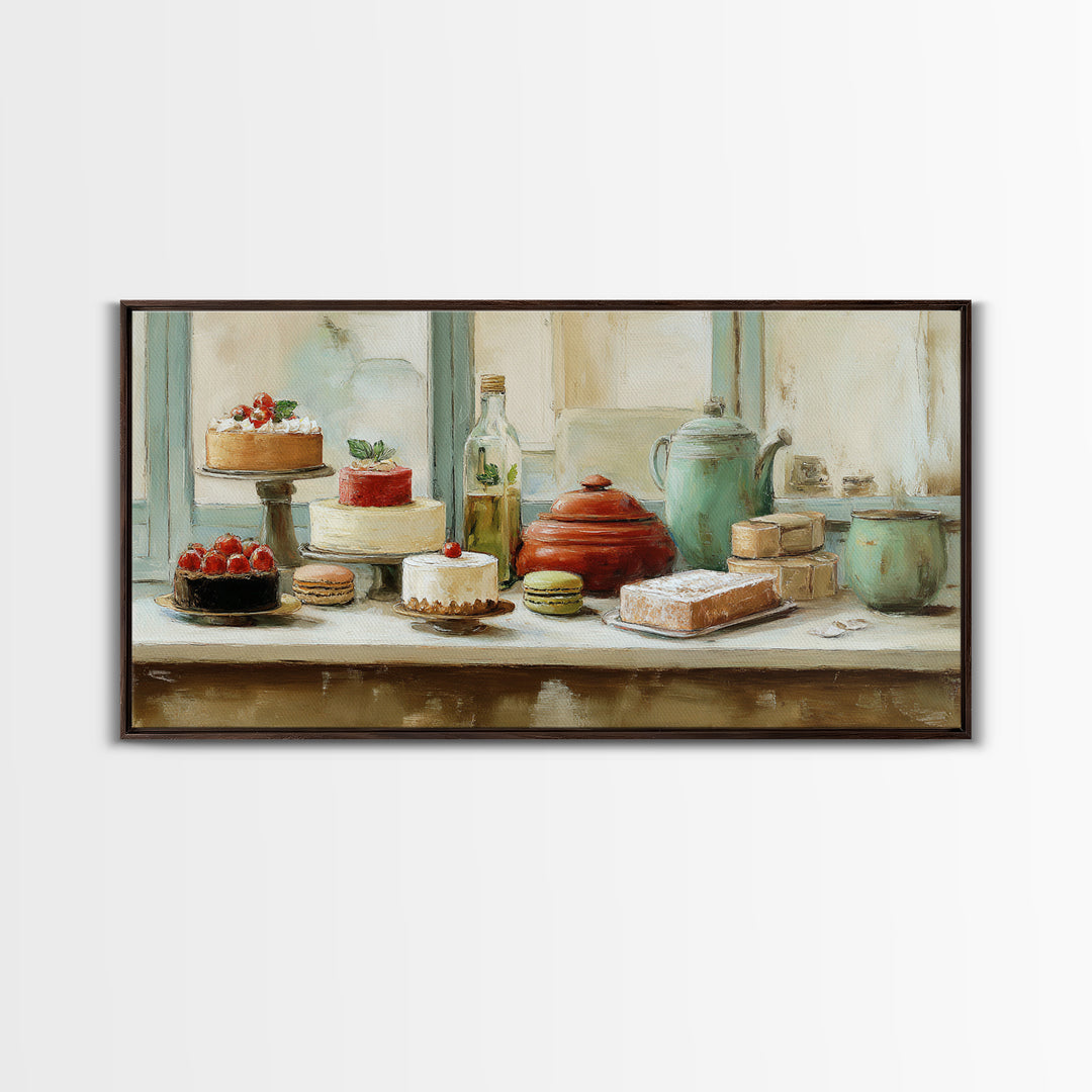 French Patisserie Window Display of Pastel Pastries Framed Canvas Print, Bakery Art, Wall Decor, Bakery Decor, Patisserie, BAK-2x1-46