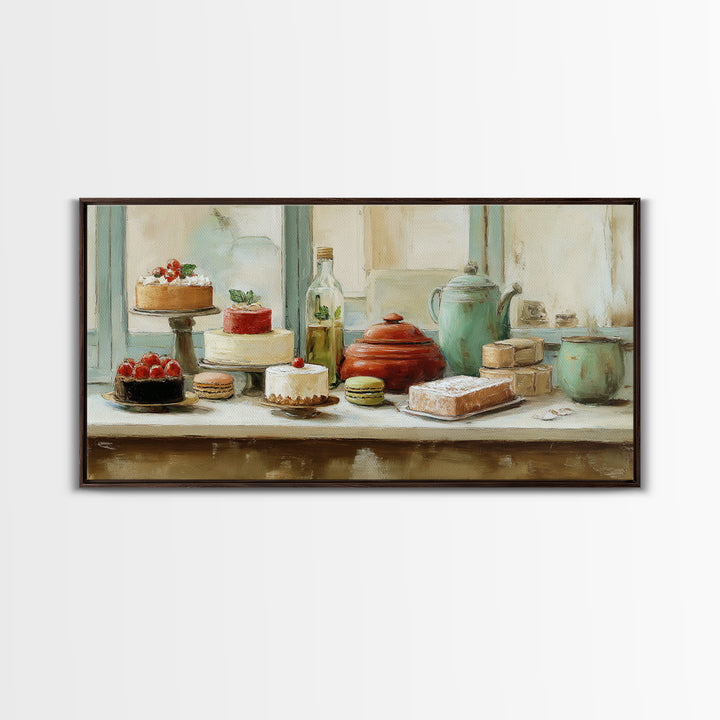 French Patisserie Window Display of Pastel Pastries Framed Canvas Print, Bakery Art, Wall Decor, Bakery Decor, Patisserie, BAK-2x1-46