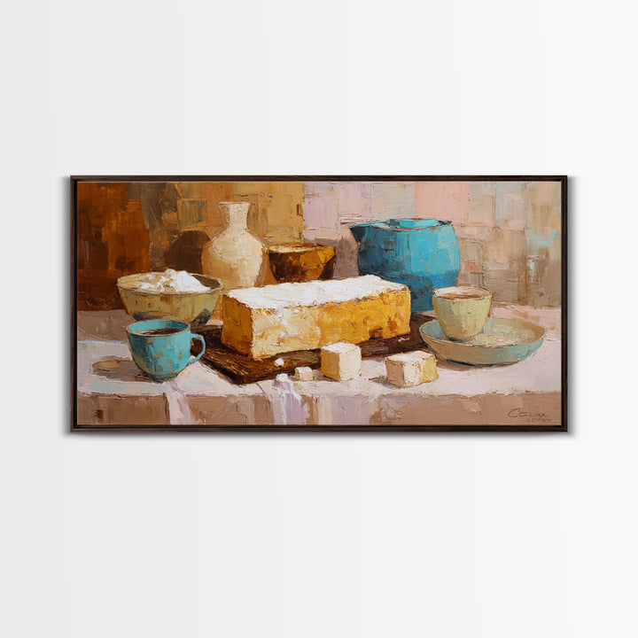 Painterly Eclair and Coffee Still Life Framed Canvas Print, Bakery Art, Kitchen Decor, Bakery Decor, Fine Art, Patisserie, BAK-2x1-56